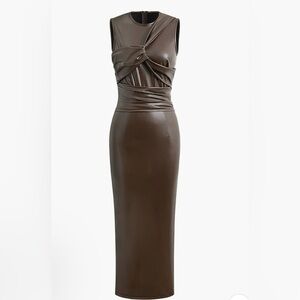 Brown Faux Leather Bodycon Midi Dress